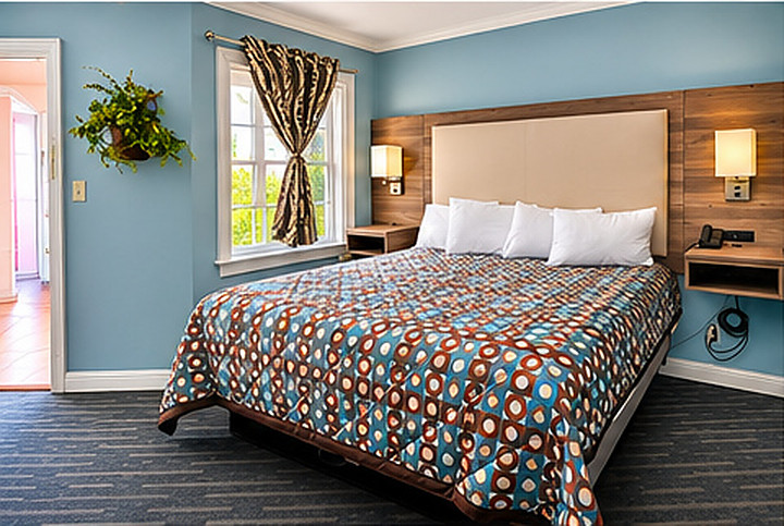 The king bed with a wood headboard, bedside lamps and a window in a King Suite at Winton Inn & Suites
